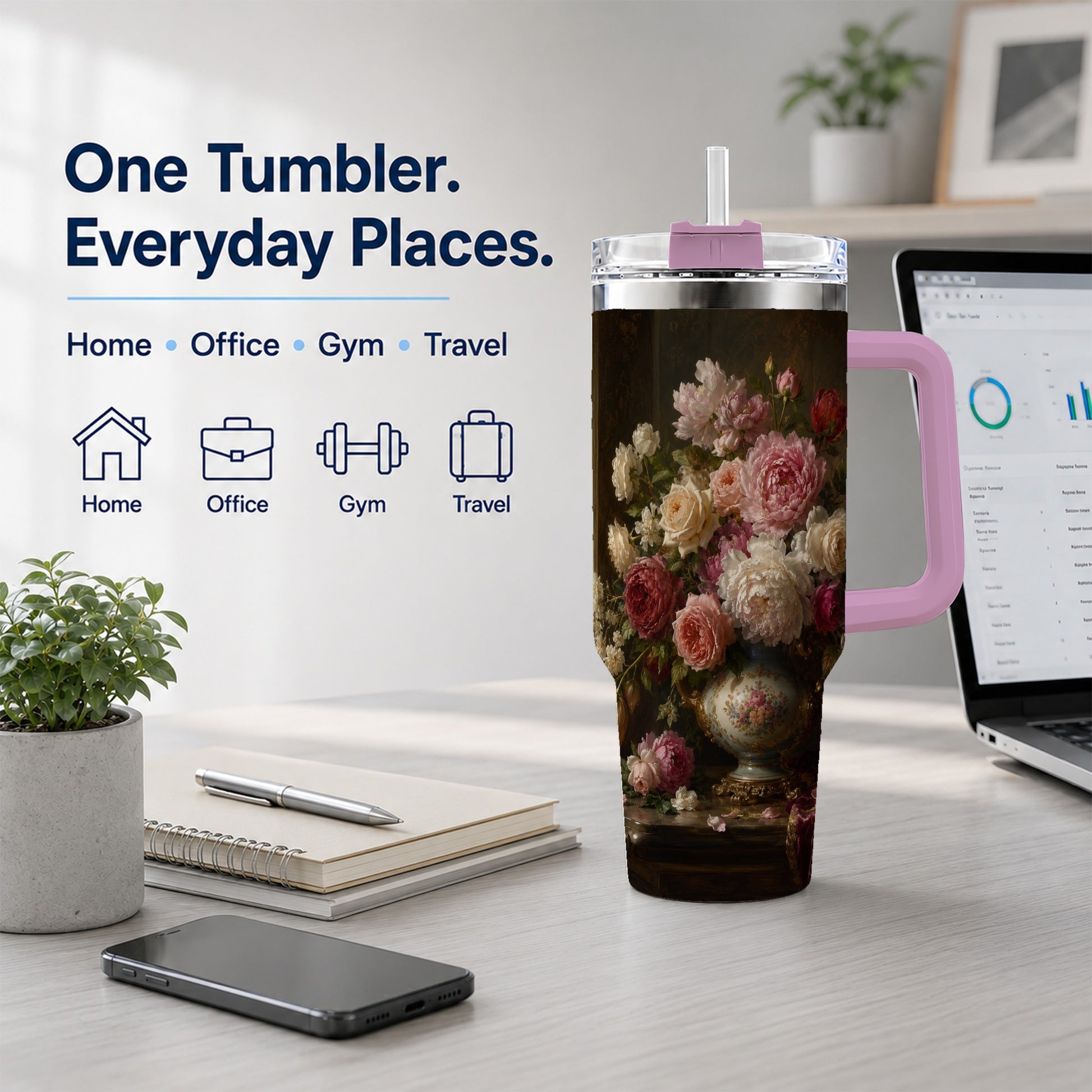#pl[40oz|Pink] Vintage Floral 40oz Tumbler with Handle, Romantic Rose Peony Art