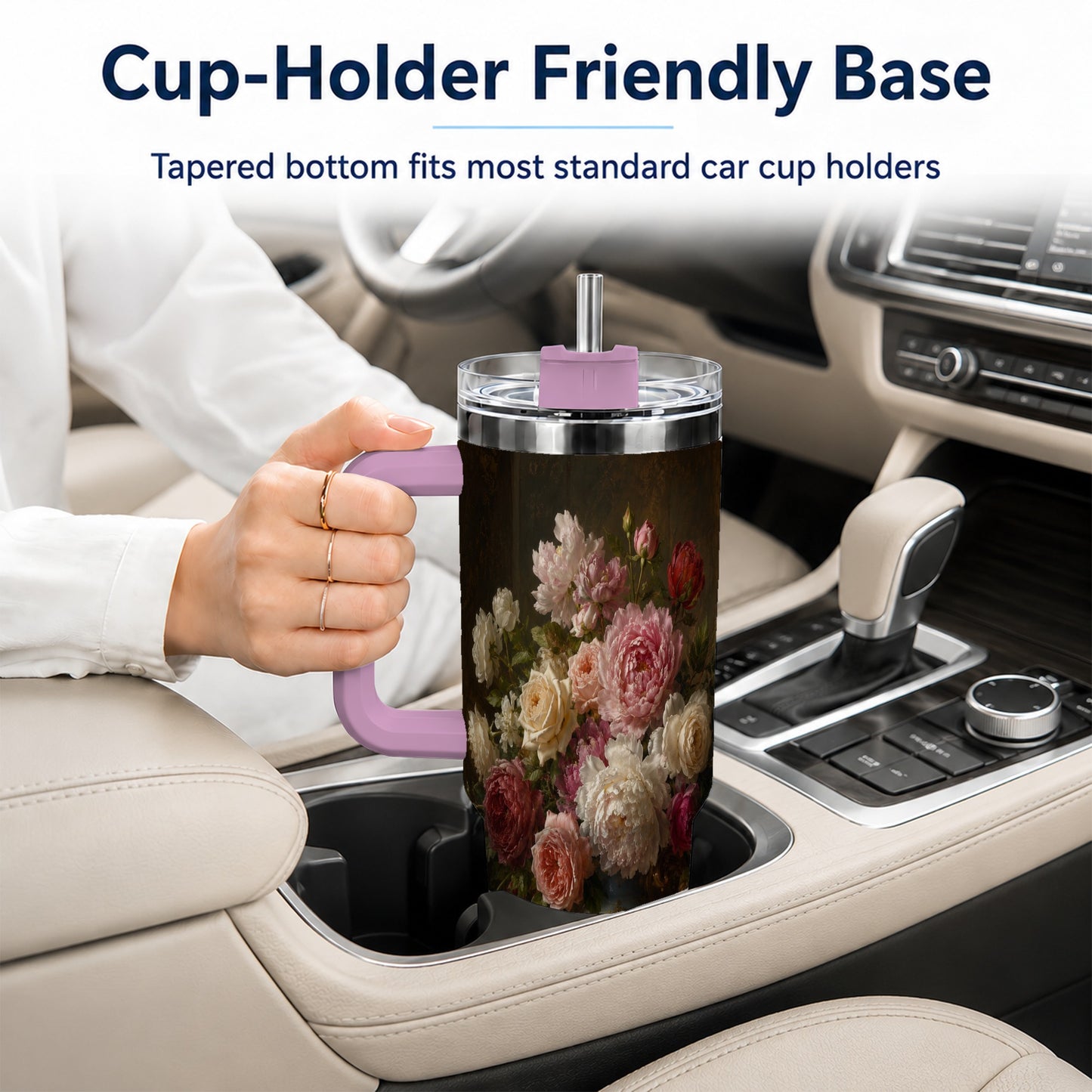 #pl[40oz|Pink] Vintage Floral 40oz Tumbler with Handle, Romantic Rose Peony Art