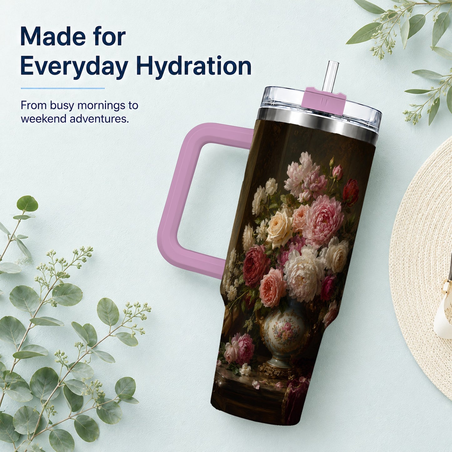 #pl[40oz|Pink] Vintage Floral 40oz Tumbler with Handle, Romantic Rose Peony Art