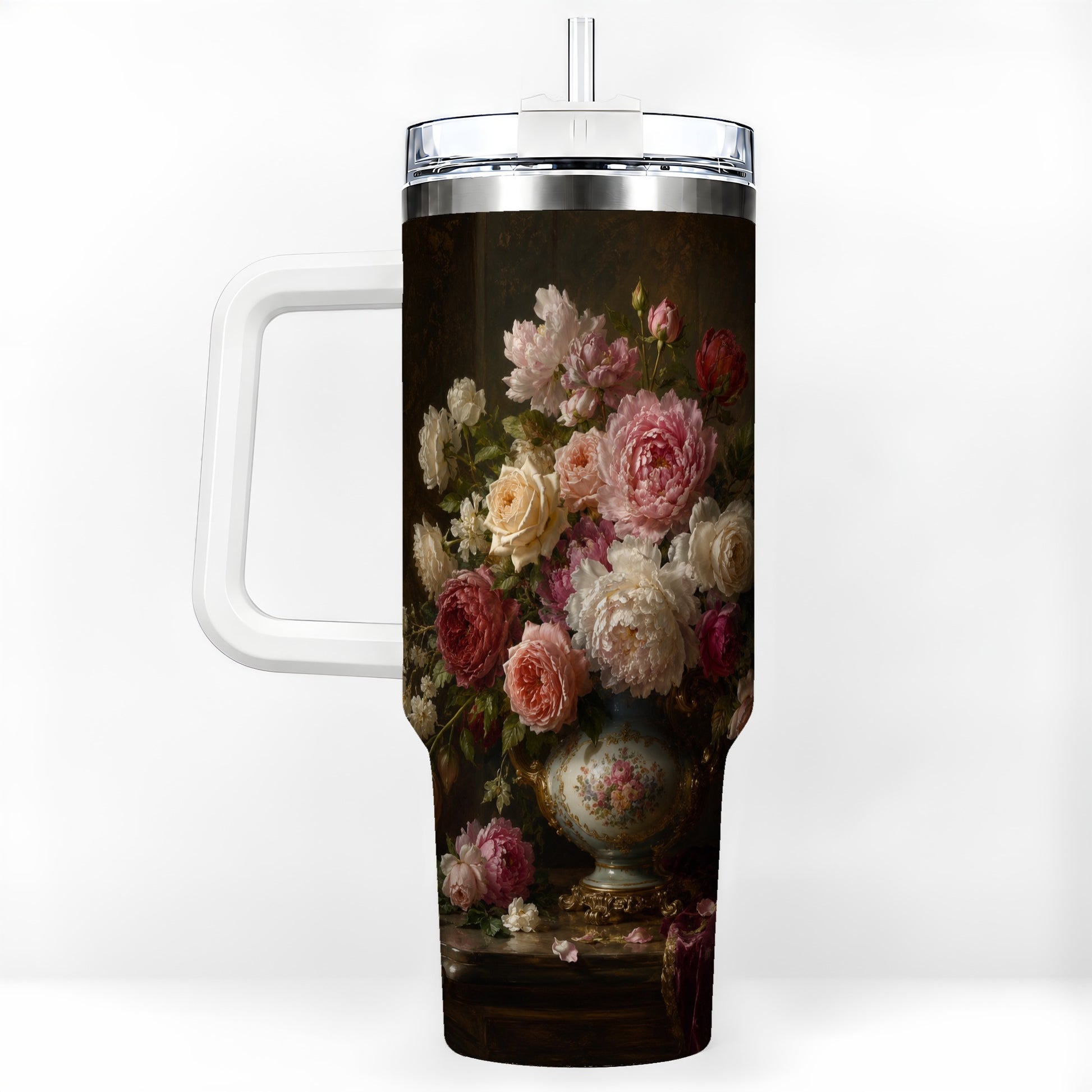 Vintage Floral 40oz Tumbler with Handle, Romantic Rose Peony Art