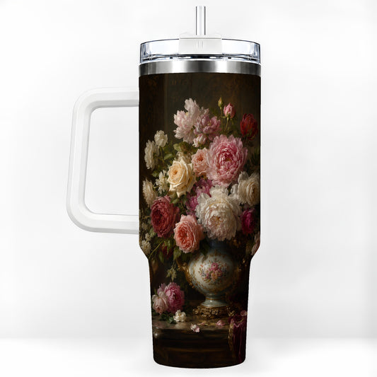 Vintage Floral 40oz Tumbler with Handle, Romantic Rose Peony Art