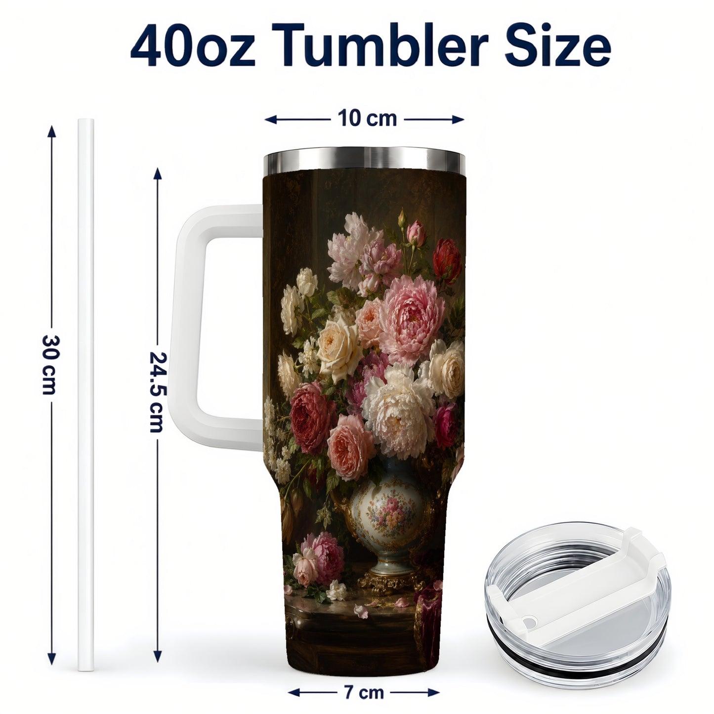 #pl[40oz|White] Vintage Floral 40oz Tumbler with Handle, Romantic Rose Peony Art