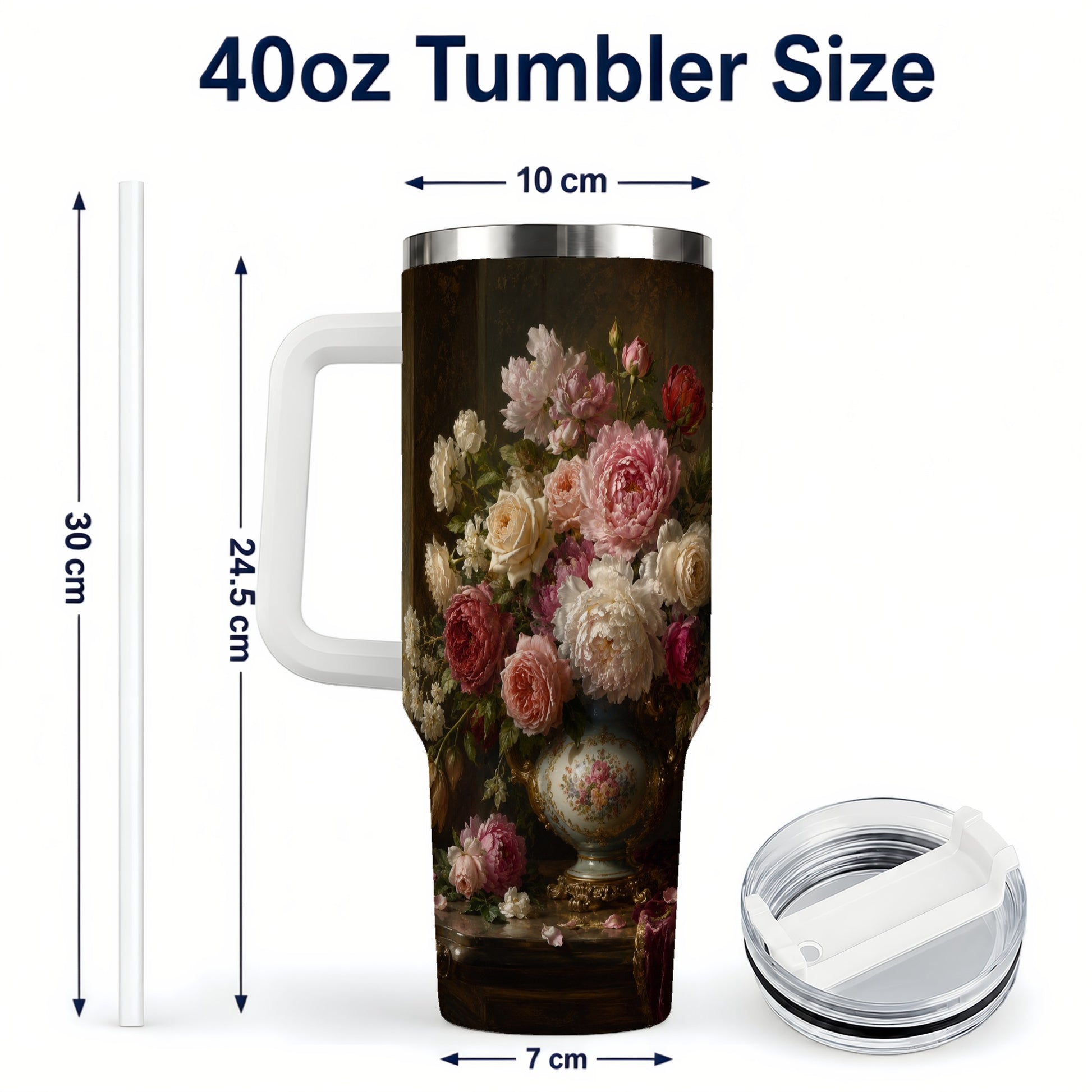 #pl[40oz|White] Vintage Floral 40oz Tumbler with Handle, Romantic Rose Peony Art