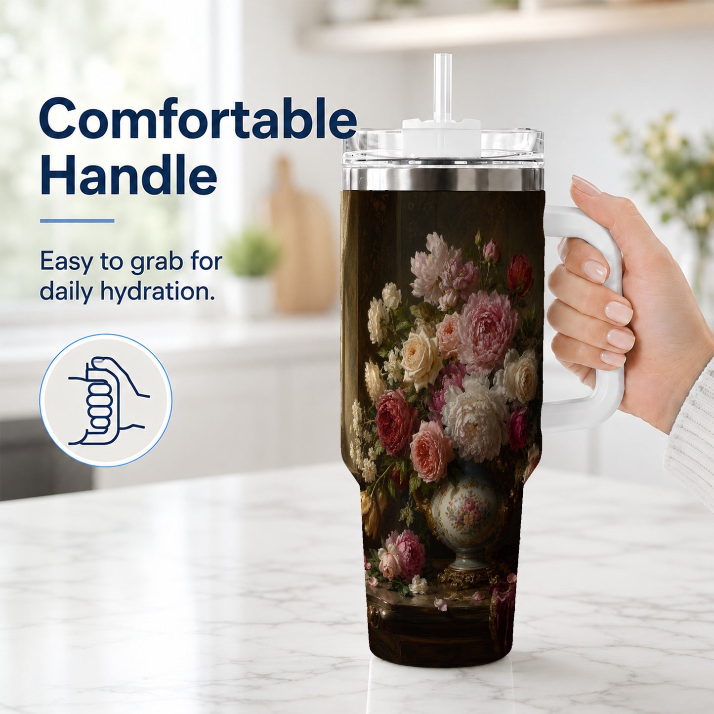 #pl[40oz|White] Vintage Floral 40oz Tumbler with Handle, Romantic Rose Peony Art
