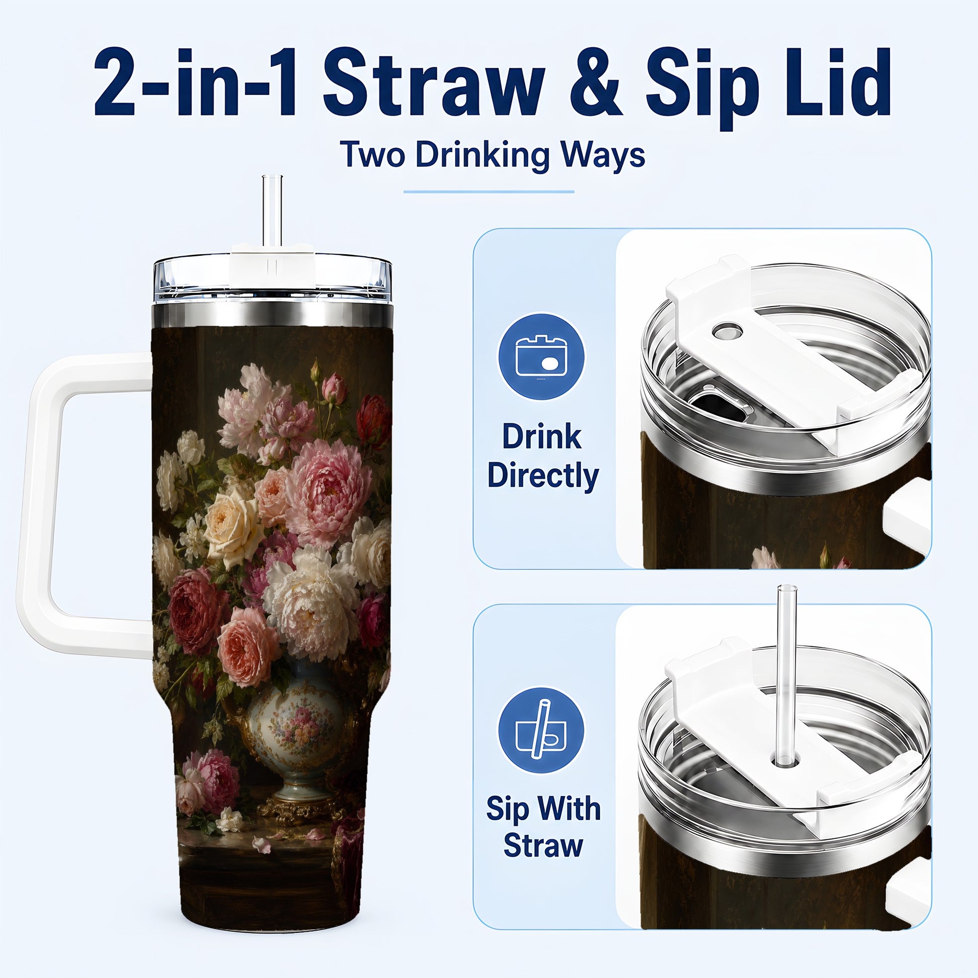 #pl[40oz|White] Vintage Floral 40oz Tumbler with Handle, Romantic Rose Peony Art
