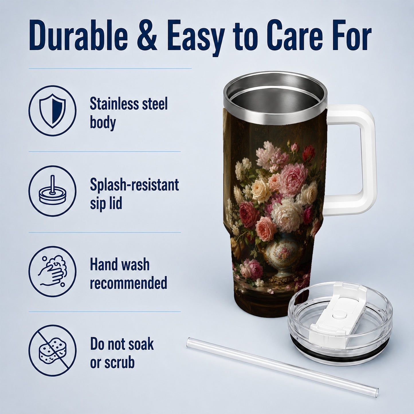 #pl[40oz|White] Vintage Floral 40oz Tumbler with Handle, Romantic Rose Peony Art