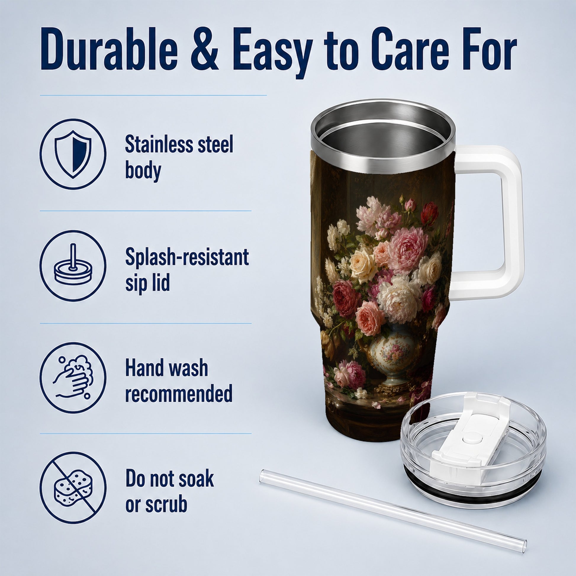 #pl[40oz|White] Vintage Floral 40oz Tumbler with Handle, Romantic Rose Peony Art
