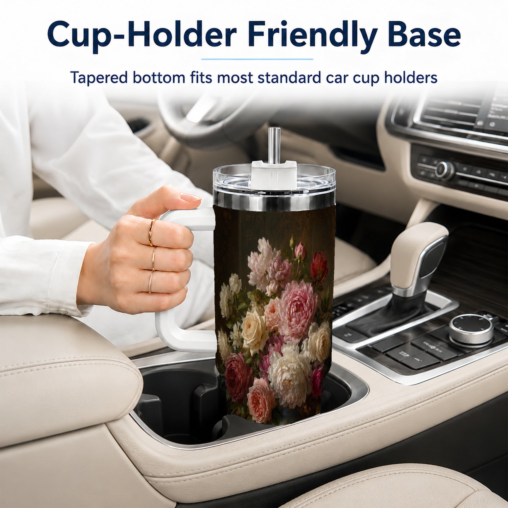 #pl[40oz|White] Vintage Floral 40oz Tumbler with Handle, Romantic Rose Peony Art