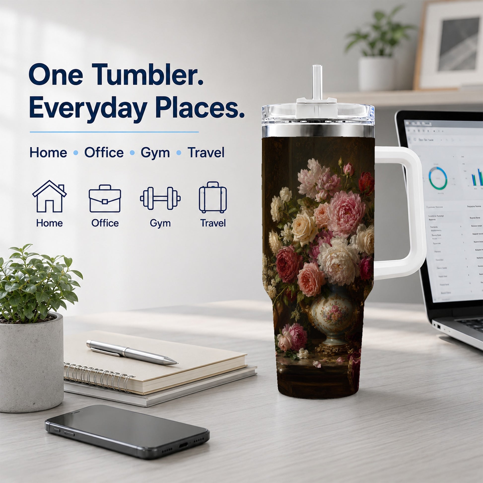 #pl[40oz|White] Vintage Floral 40oz Tumbler with Handle, Romantic Rose Peony Art