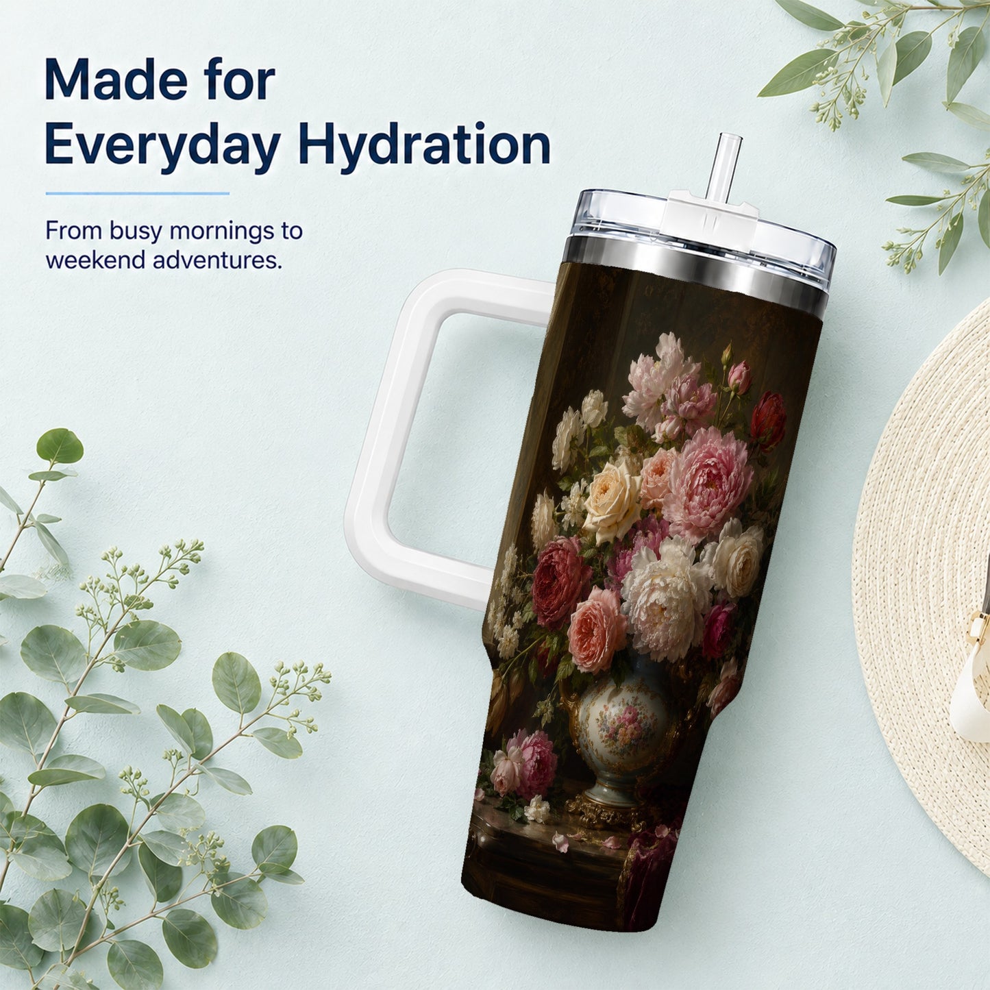 #pl[40oz|White] Vintage Floral 40oz Tumbler with Handle, Romantic Rose Peony Art