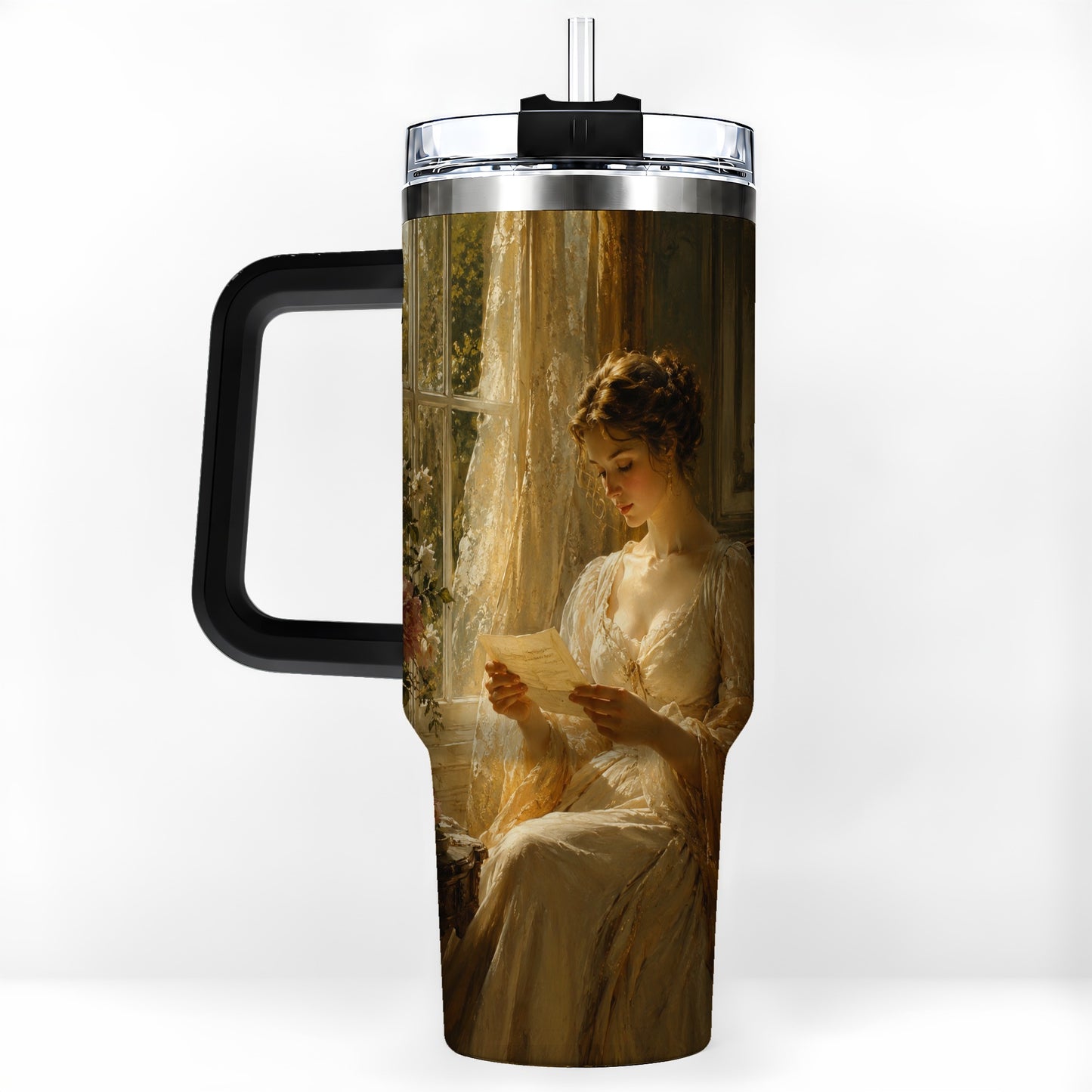 #pl[40oz|Black] Romantic Reader 40oz Tumbler with Handle, Vintage Letter Artwork