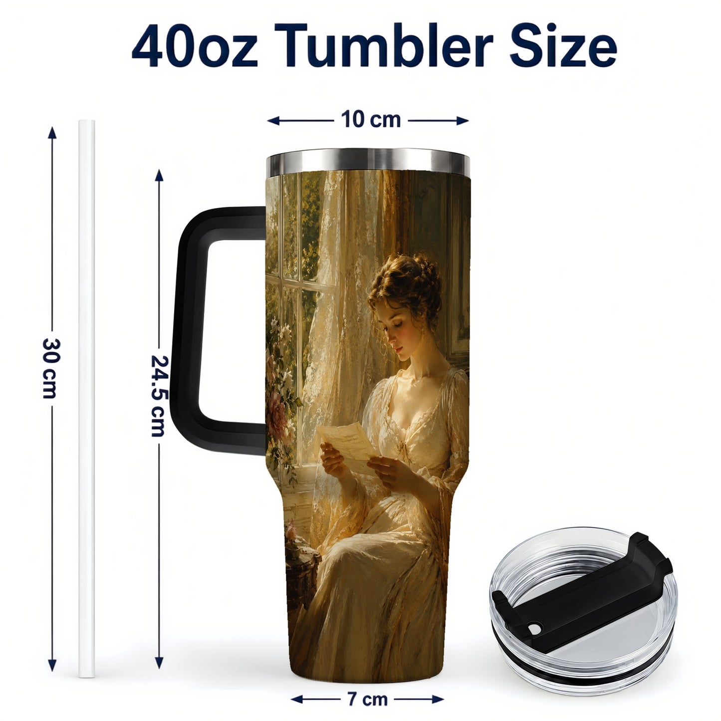 #pl[40oz|Black] Romantic Reader 40oz Tumbler with Handle, Vintage Letter Artwork