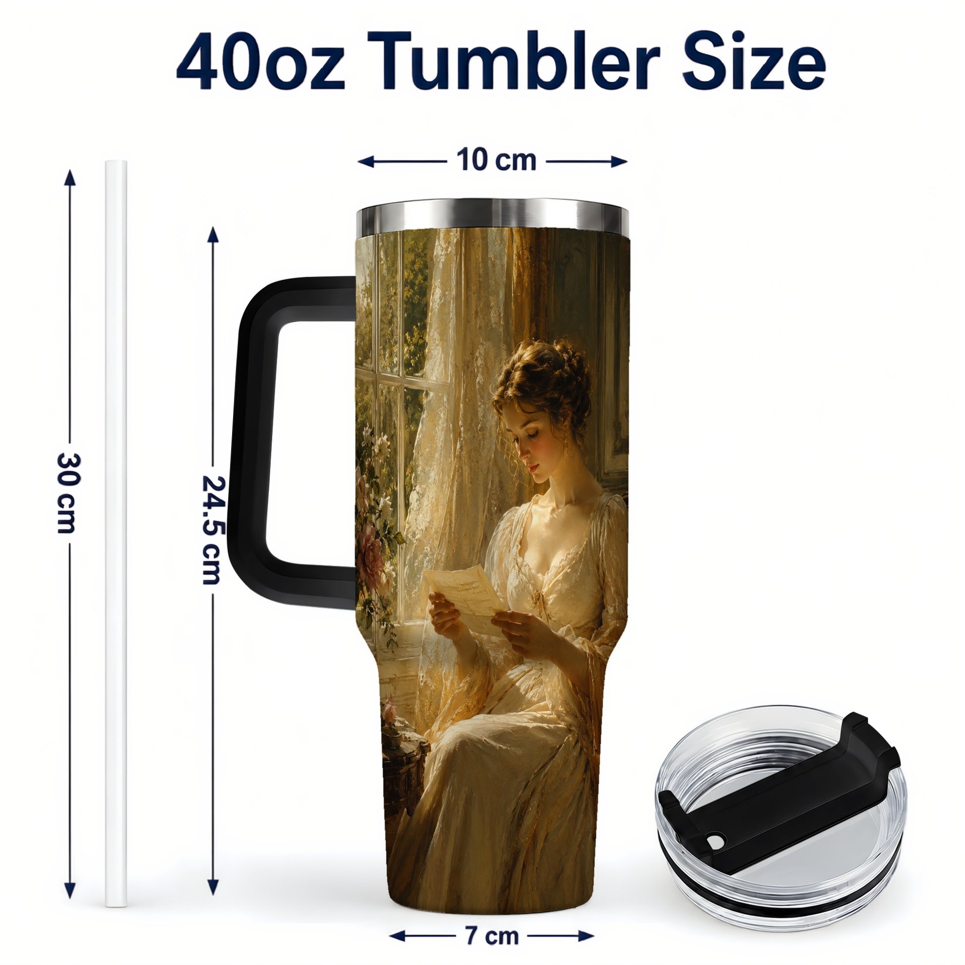 #pl[40oz|Black] Romantic Reader 40oz Tumbler with Handle, Vintage Letter Artwork