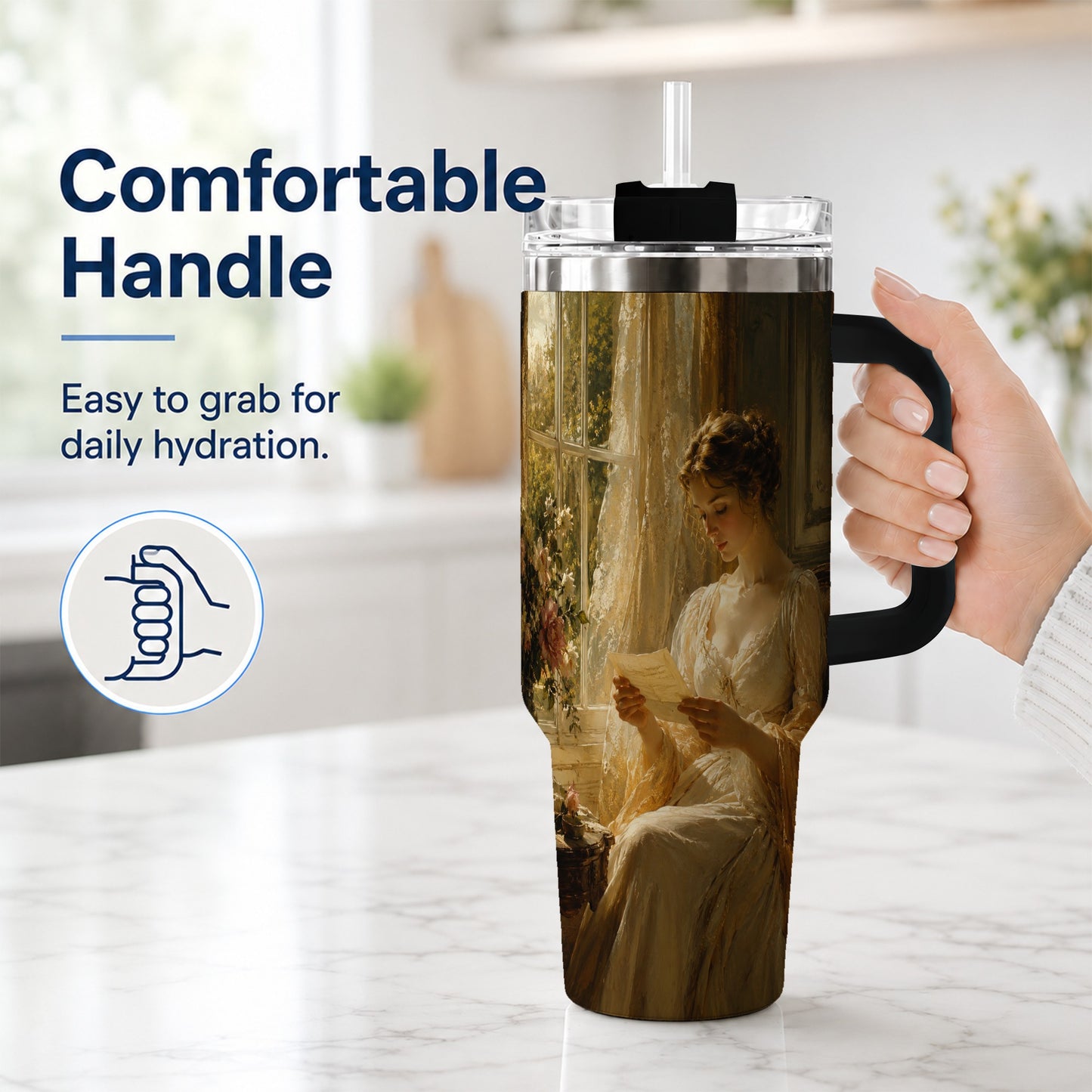#pl[40oz|Black] Romantic Reader 40oz Tumbler with Handle, Vintage Letter Artwork