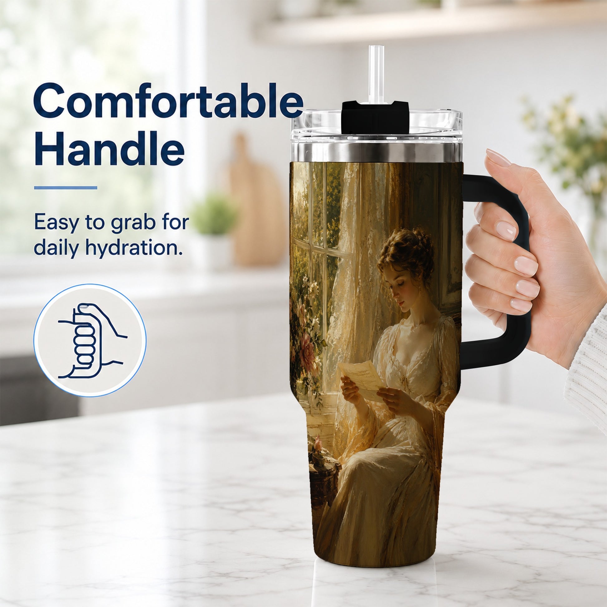 #pl[40oz|Black] Romantic Reader 40oz Tumbler with Handle, Vintage Letter Artwork