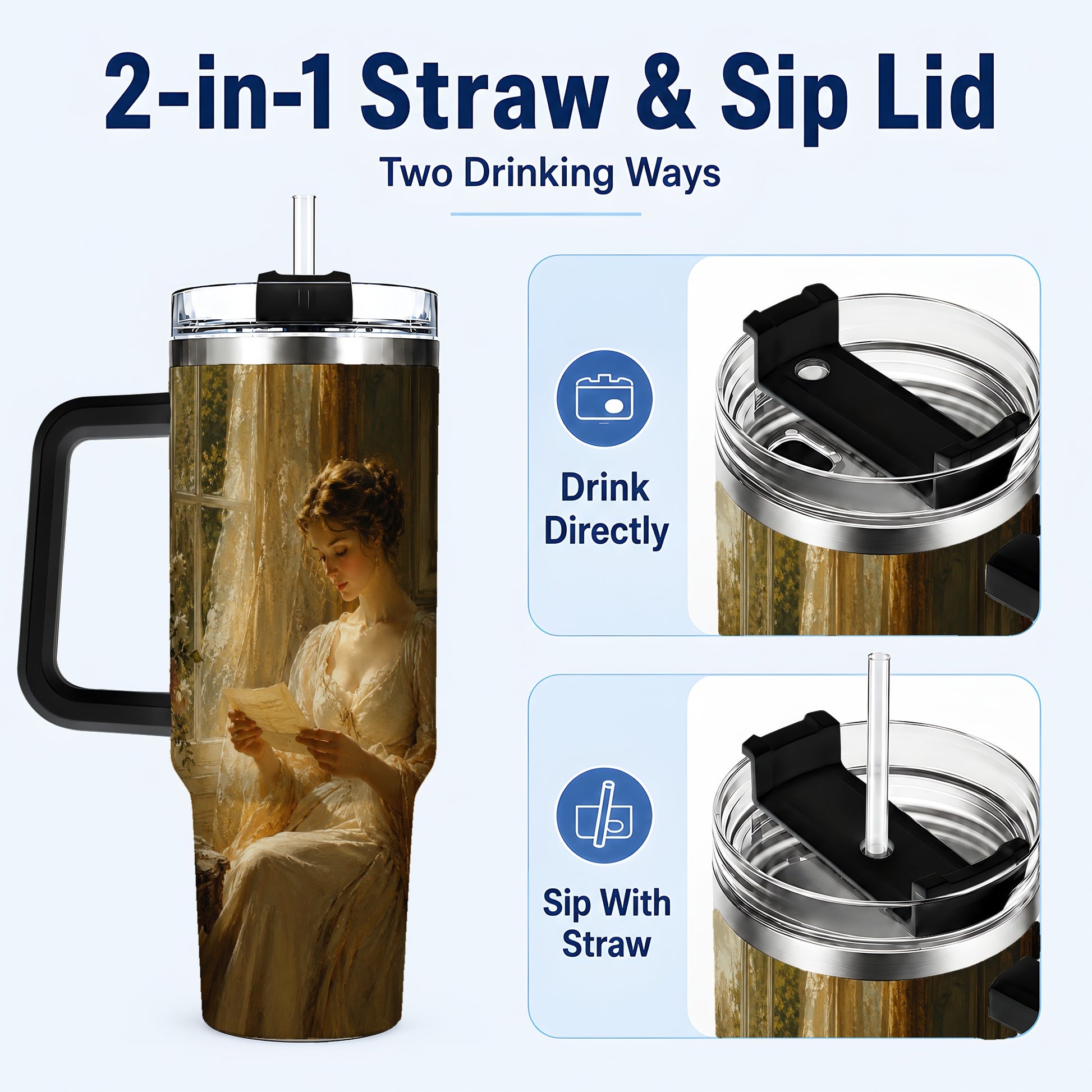 #pl[40oz|Black] Romantic Reader 40oz Tumbler with Handle, Vintage Letter Artwork