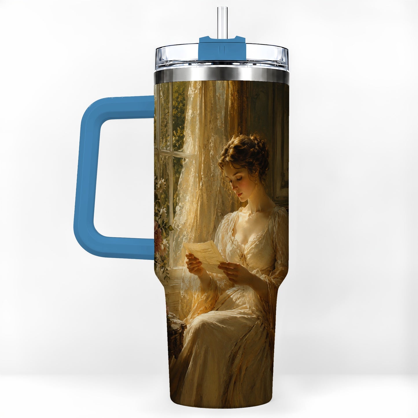#pl[40oz|Blue] Romantic Reader 40oz Tumbler with Handle, Vintage Letter Artwork