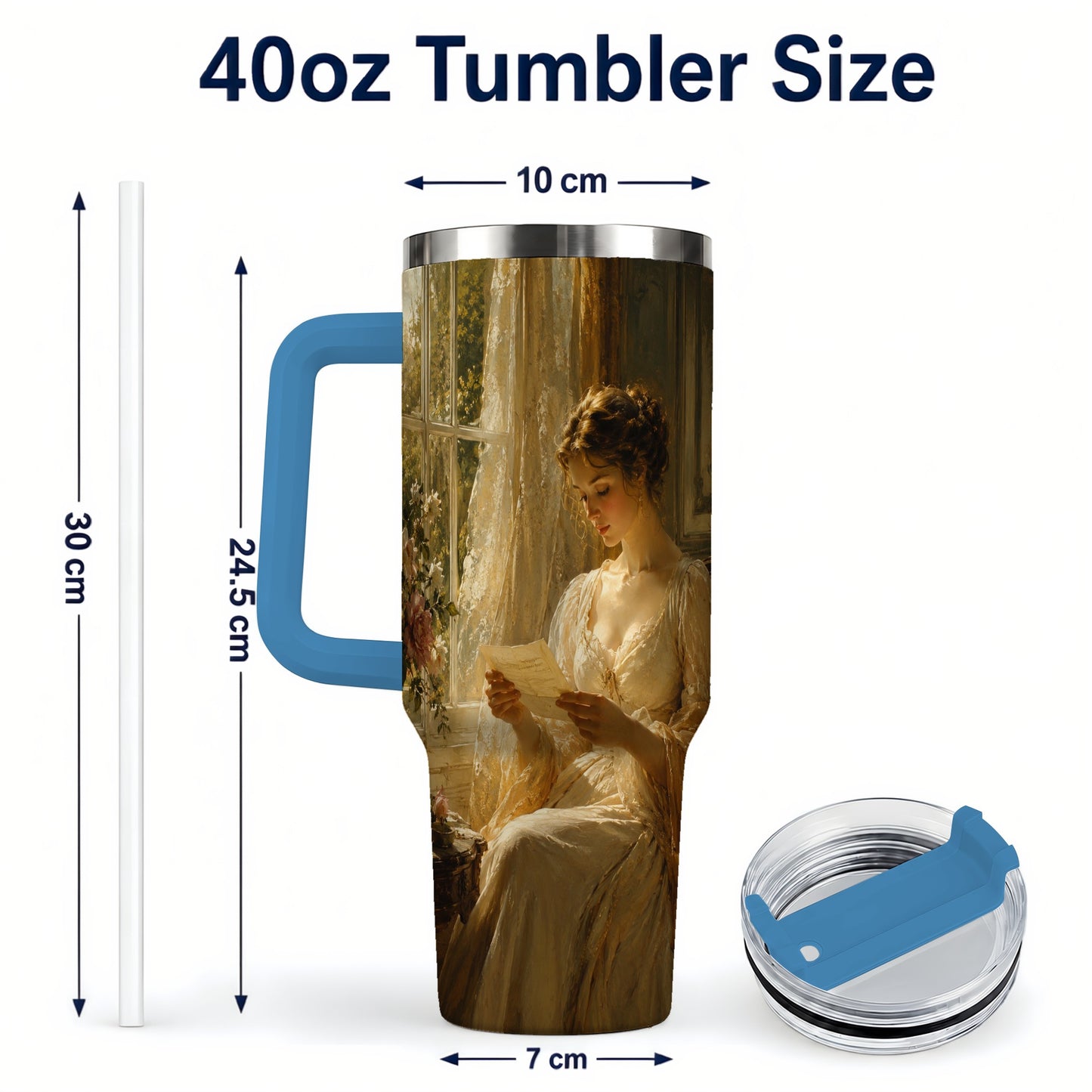 #pl[40oz|Blue] Romantic Reader 40oz Tumbler with Handle, Vintage Letter Artwork