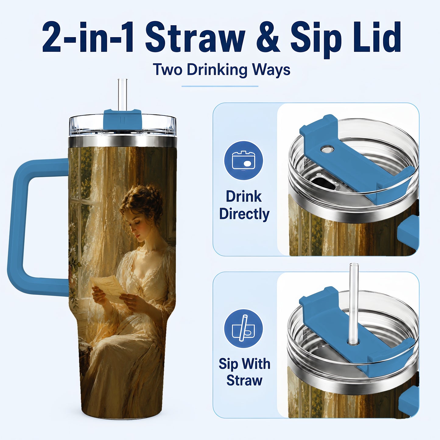 #pl[40oz|Blue] Romantic Reader 40oz Tumbler with Handle, Vintage Letter Artwork