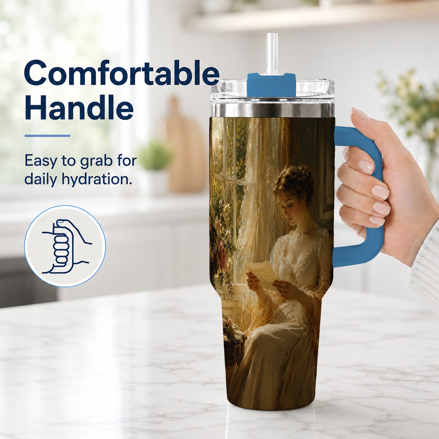 #pl[40oz|Blue] Romantic Reader 40oz Tumbler with Handle, Vintage Letter Artwork