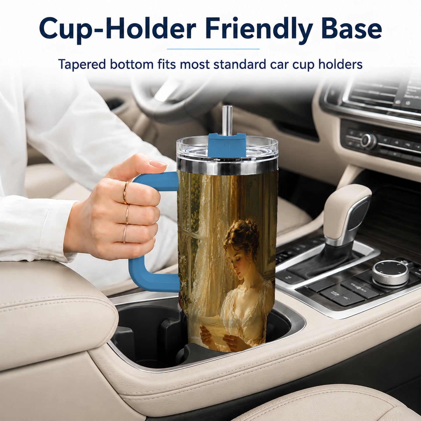 #pl[40oz|Blue] Romantic Reader 40oz Tumbler with Handle, Vintage Letter Artwork