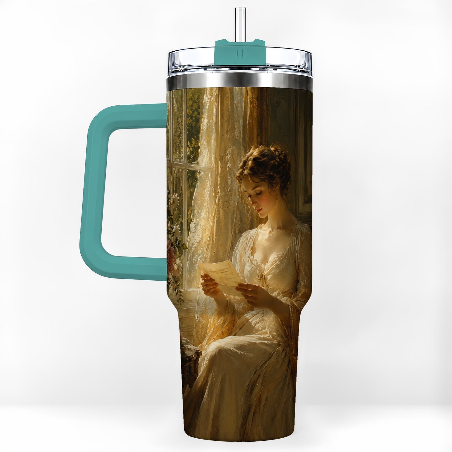 #pl[40oz|Green] Romantic Reader 40oz Tumbler with Handle, Vintage Letter Artwork