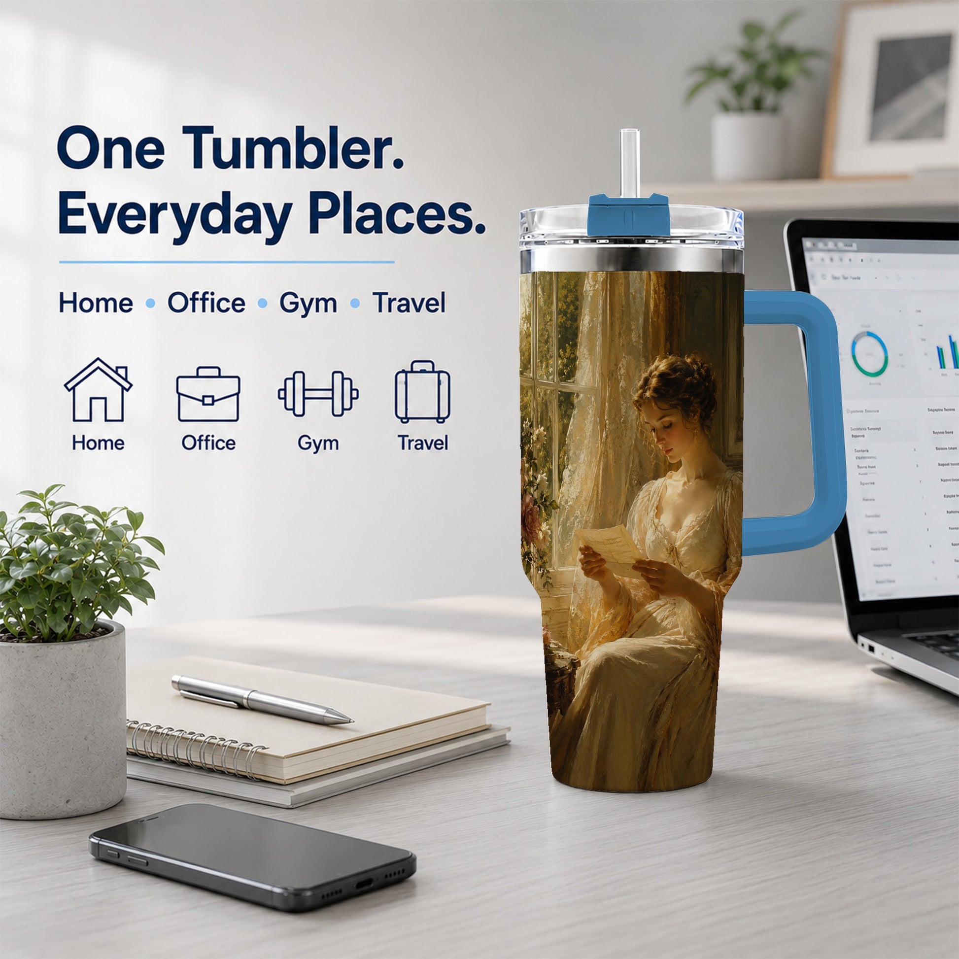 #pl[40oz|Blue] Romantic Reader 40oz Tumbler with Handle, Vintage Letter Artwork