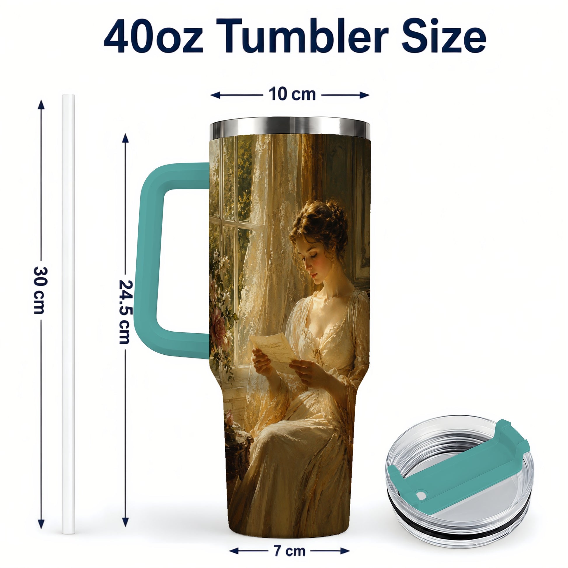 #pl[40oz|Green] Romantic Reader 40oz Tumbler with Handle, Vintage Letter Artwork