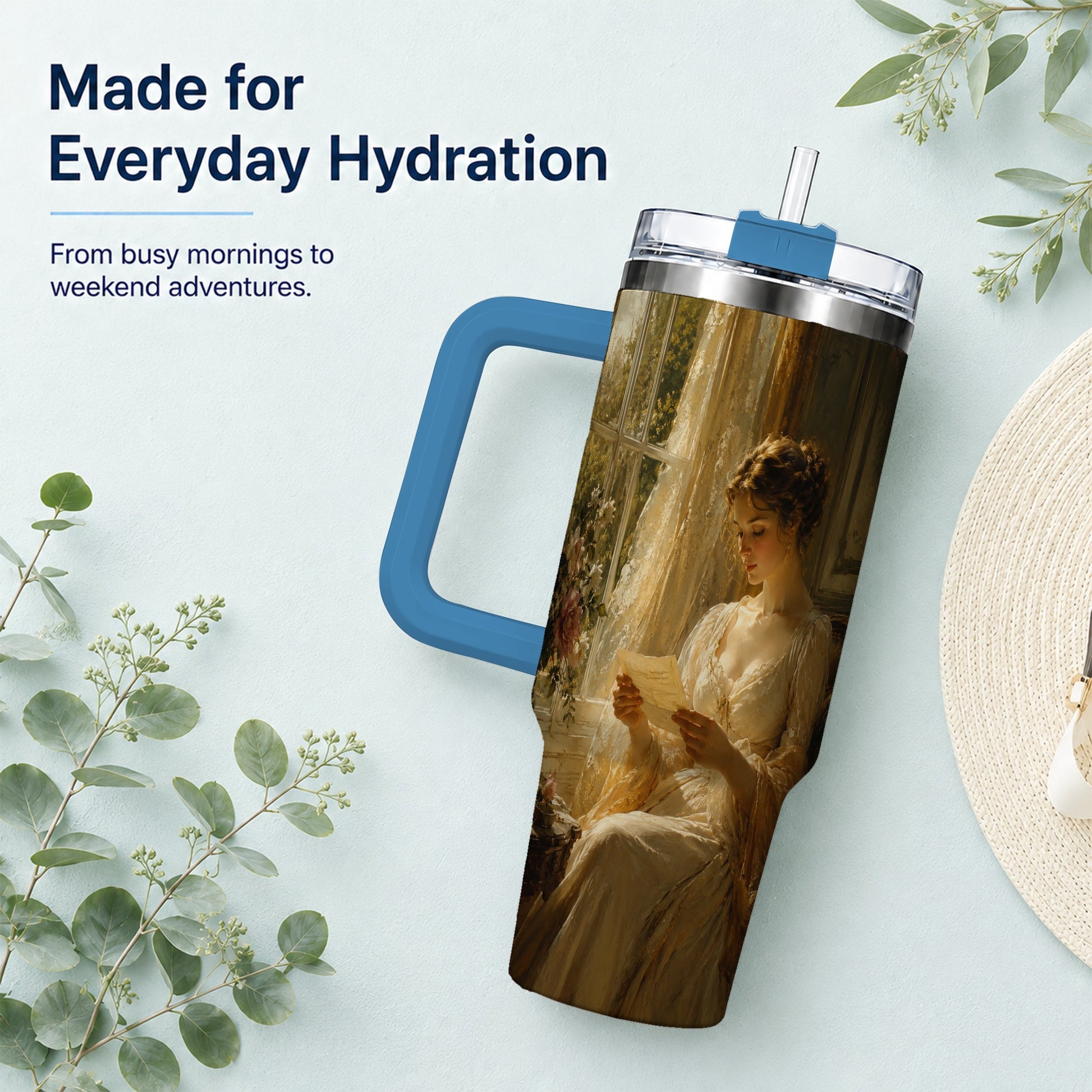 #pl[40oz|Blue] Romantic Reader 40oz Tumbler with Handle, Vintage Letter Artwork