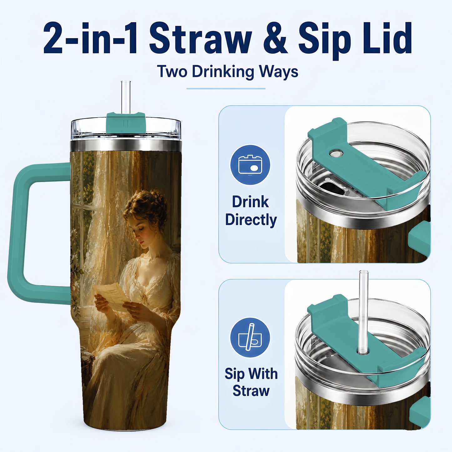 #pl[40oz|Green] Romantic Reader 40oz Tumbler with Handle, Vintage Letter Artwork