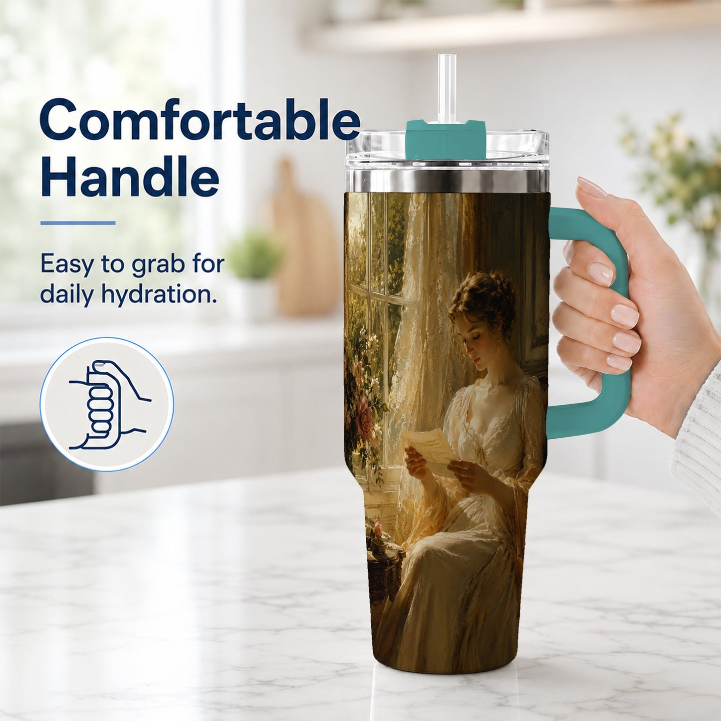 #pl[40oz|Green] Romantic Reader 40oz Tumbler with Handle, Vintage Letter Artwork