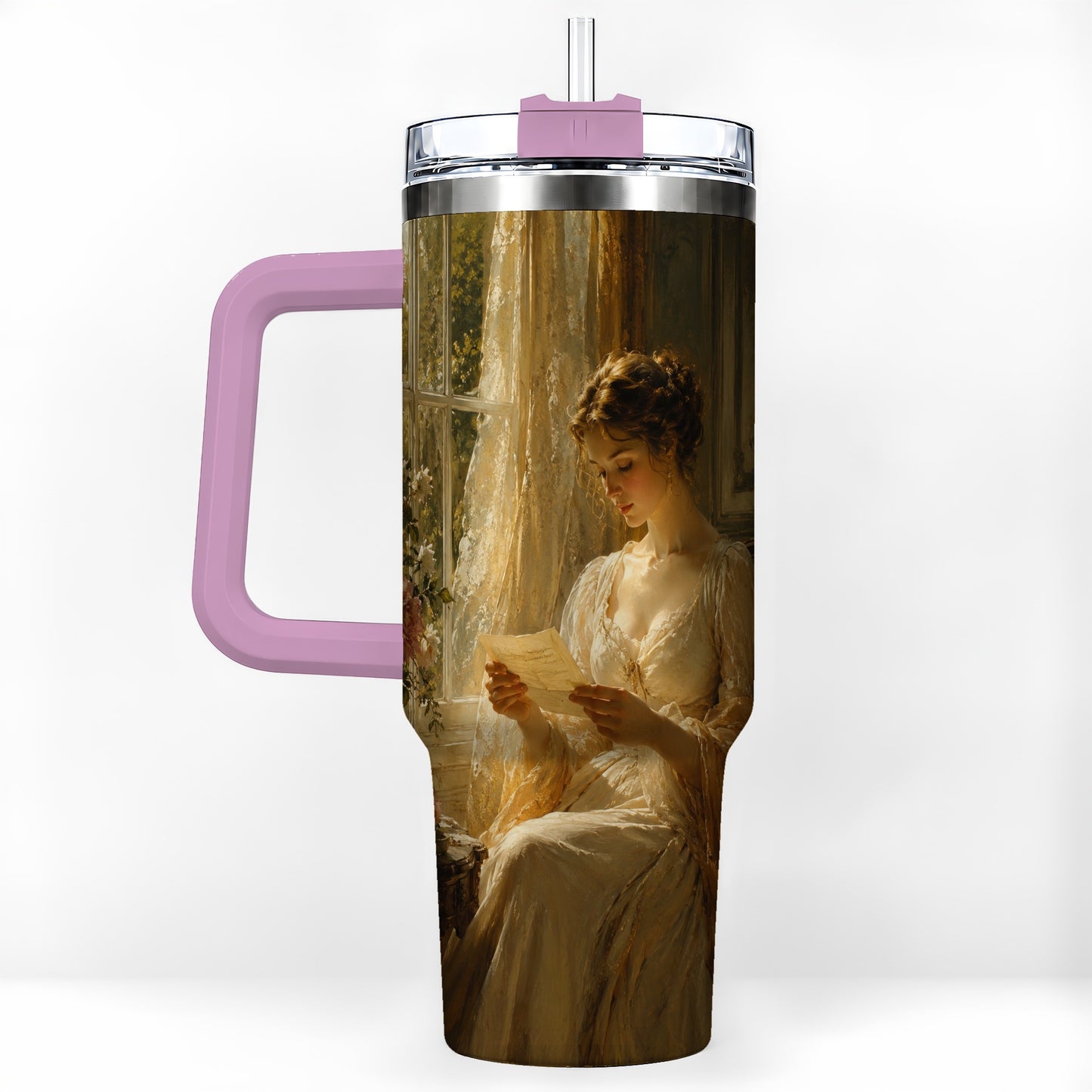 #pl[40oz|Pink] Romantic Reader 40oz Tumbler with Handle, Vintage Letter Artwork