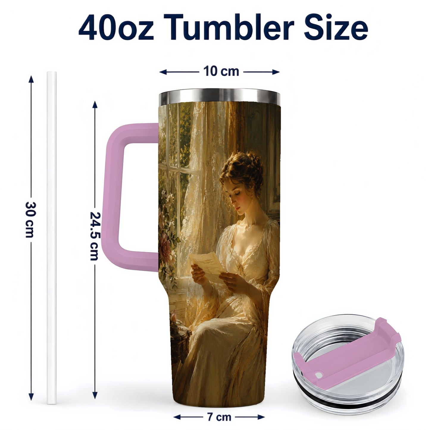 #pl[40oz|Pink] Romantic Reader 40oz Tumbler with Handle, Vintage Letter Artwork