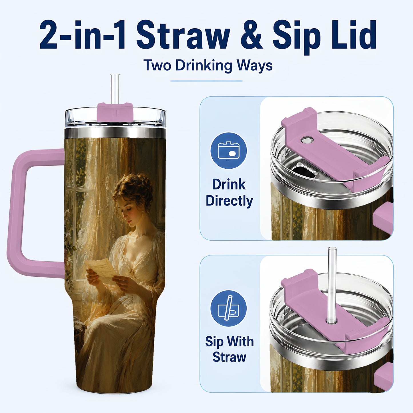 #pl[40oz|Pink] Romantic Reader 40oz Tumbler with Handle, Vintage Letter Artwork