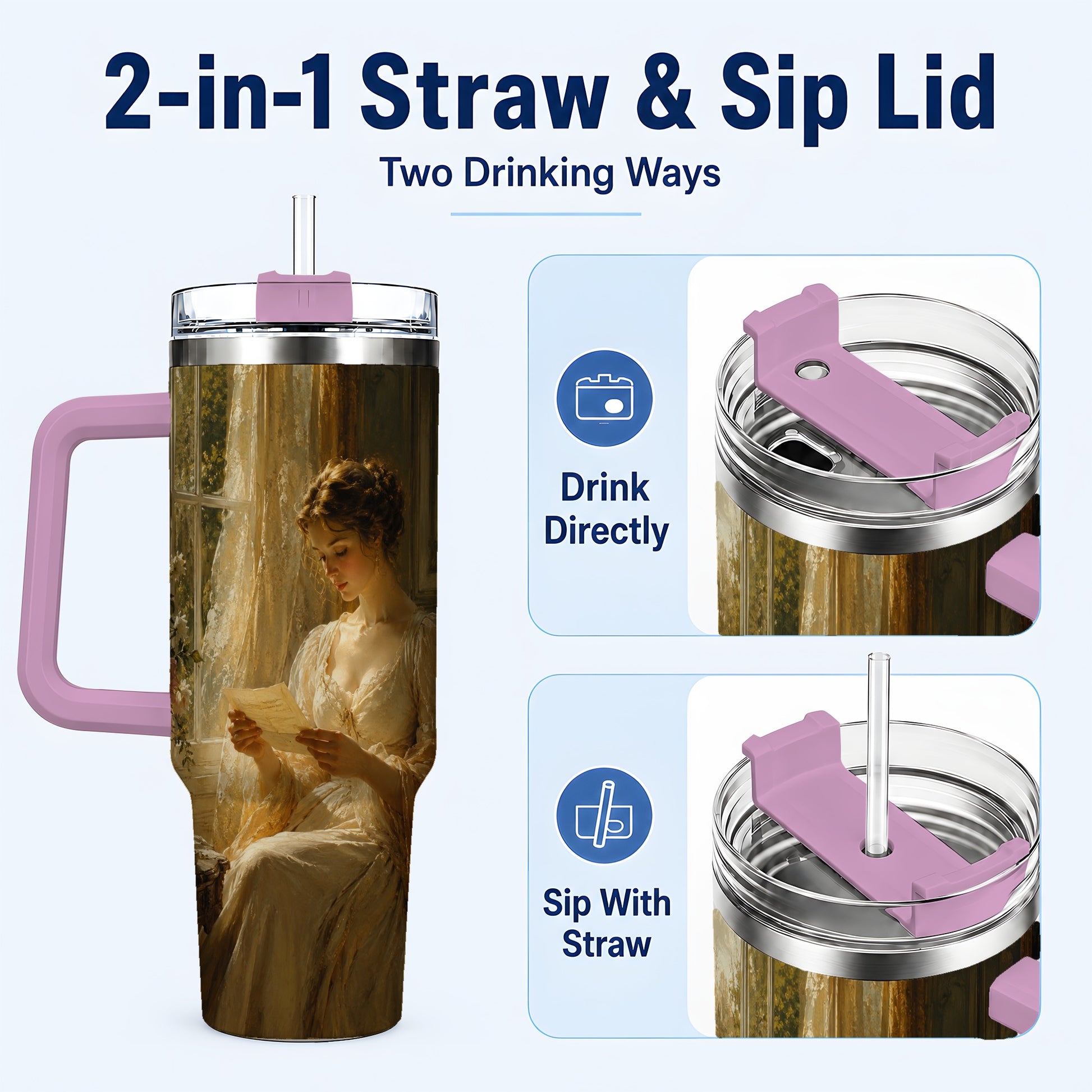 #pl[40oz|Pink] Romantic Reader 40oz Tumbler with Handle, Vintage Letter Artwork