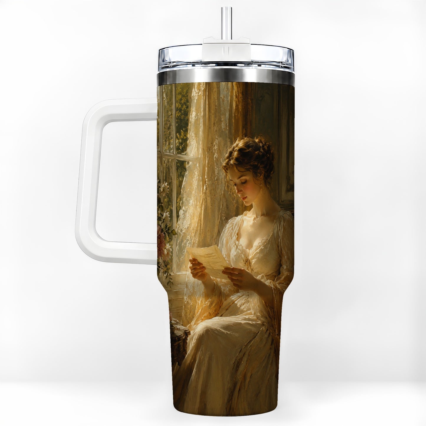 Romantic Reader 40oz Tumbler with Handle, Vintage Letter Artwork