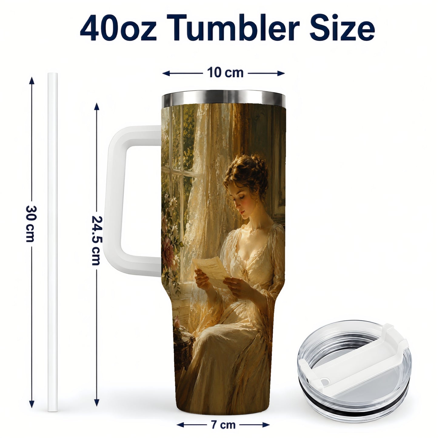 #pl[40oz|White] Romantic Reader 40oz Tumbler with Handle, Vintage Letter Artwork