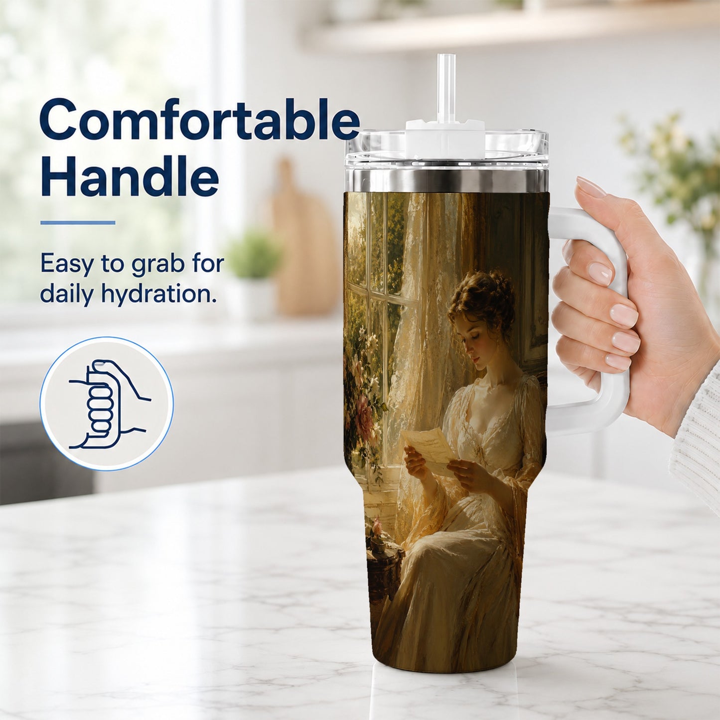 #pl[40oz|White] Romantic Reader 40oz Tumbler with Handle, Vintage Letter Artwork