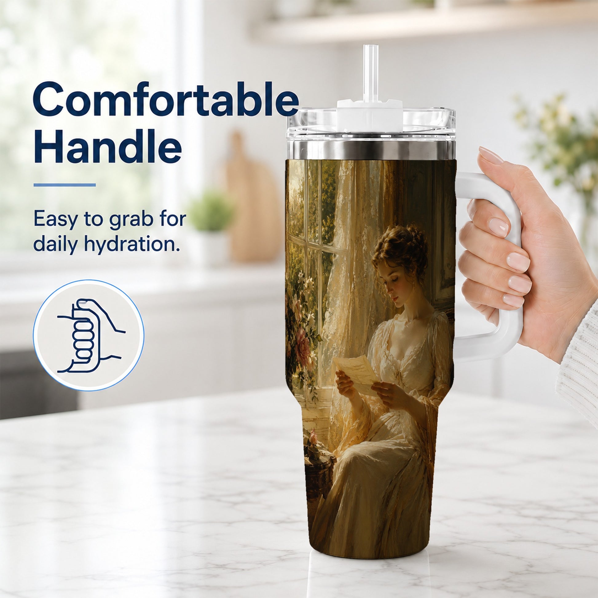 #pl[40oz|White] Romantic Reader 40oz Tumbler with Handle, Vintage Letter Artwork