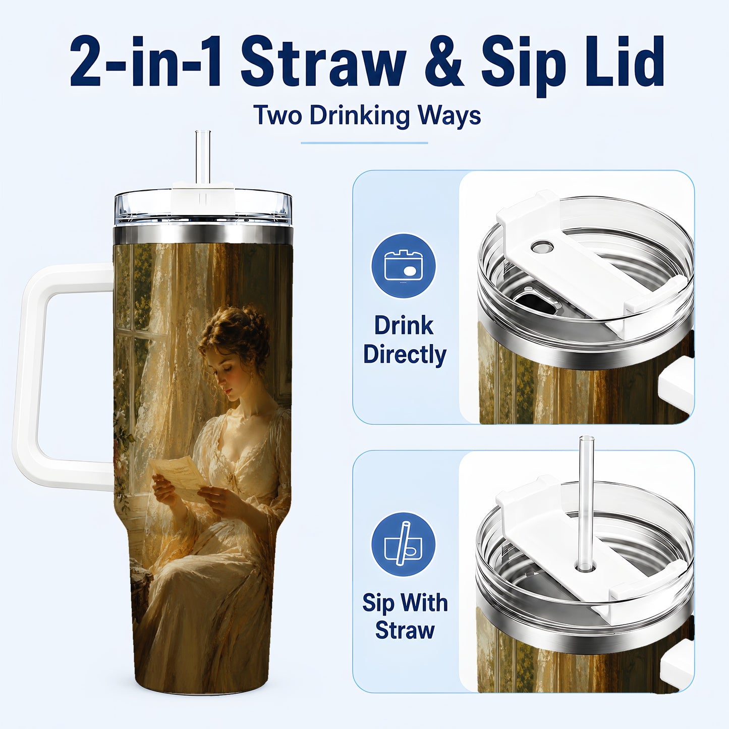 #pl[40oz|White] Romantic Reader 40oz Tumbler with Handle, Vintage Letter Artwork