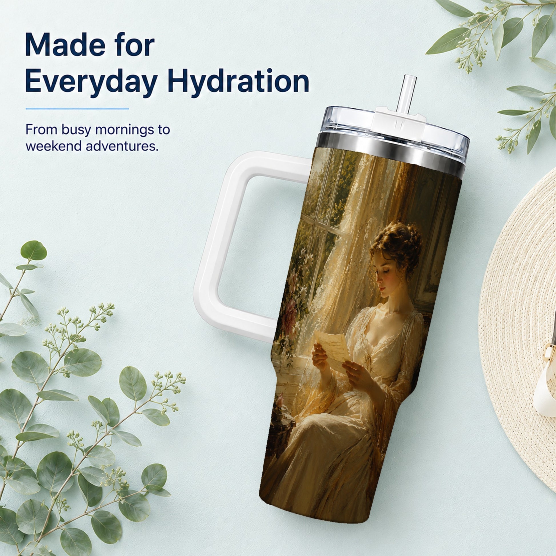 #pl[40oz|White] Romantic Reader 40oz Tumbler with Handle, Vintage Letter Artwork