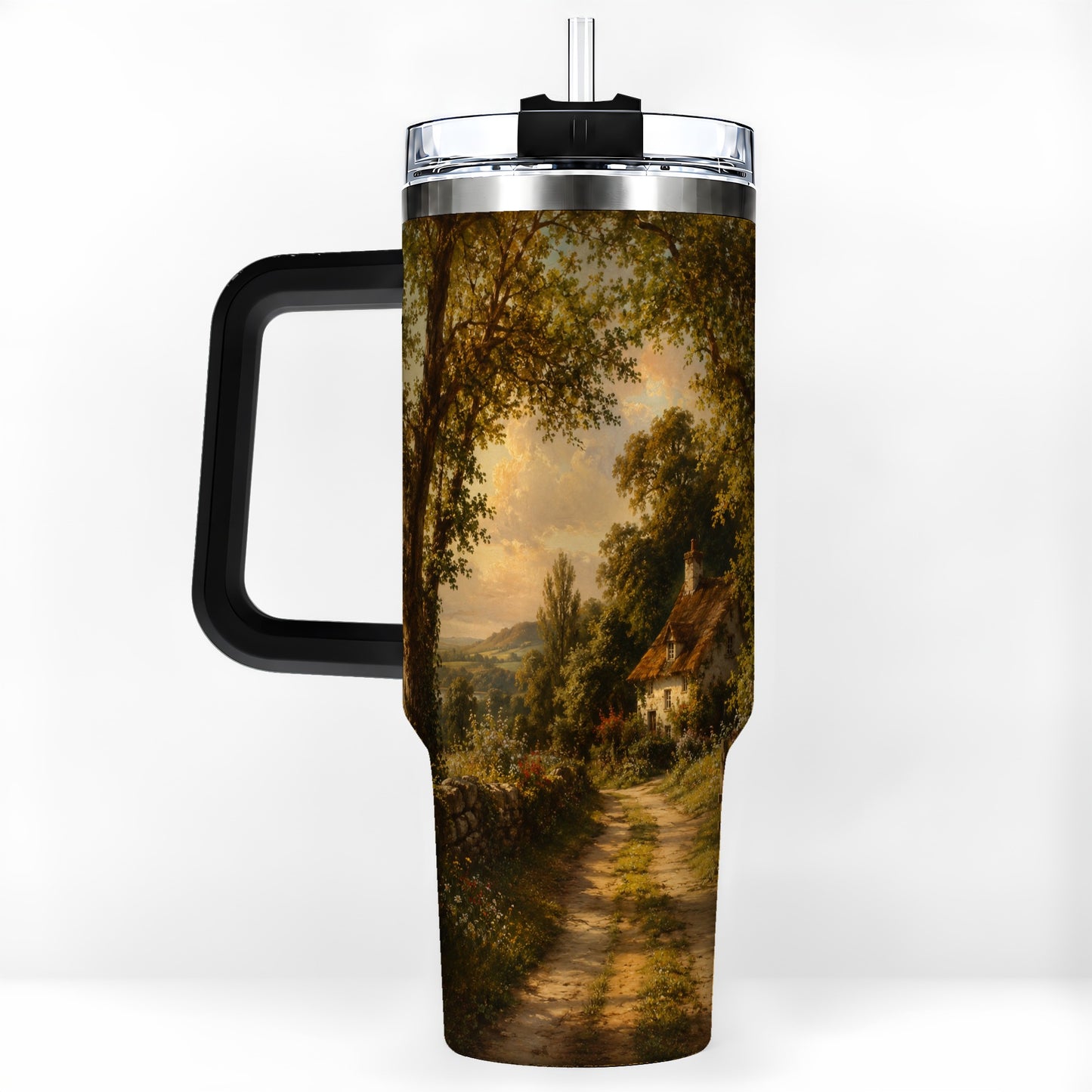 #pl[40oz|Black] Cottage Countryside 40oz Tumbler with Handle, Golden Rural Scene