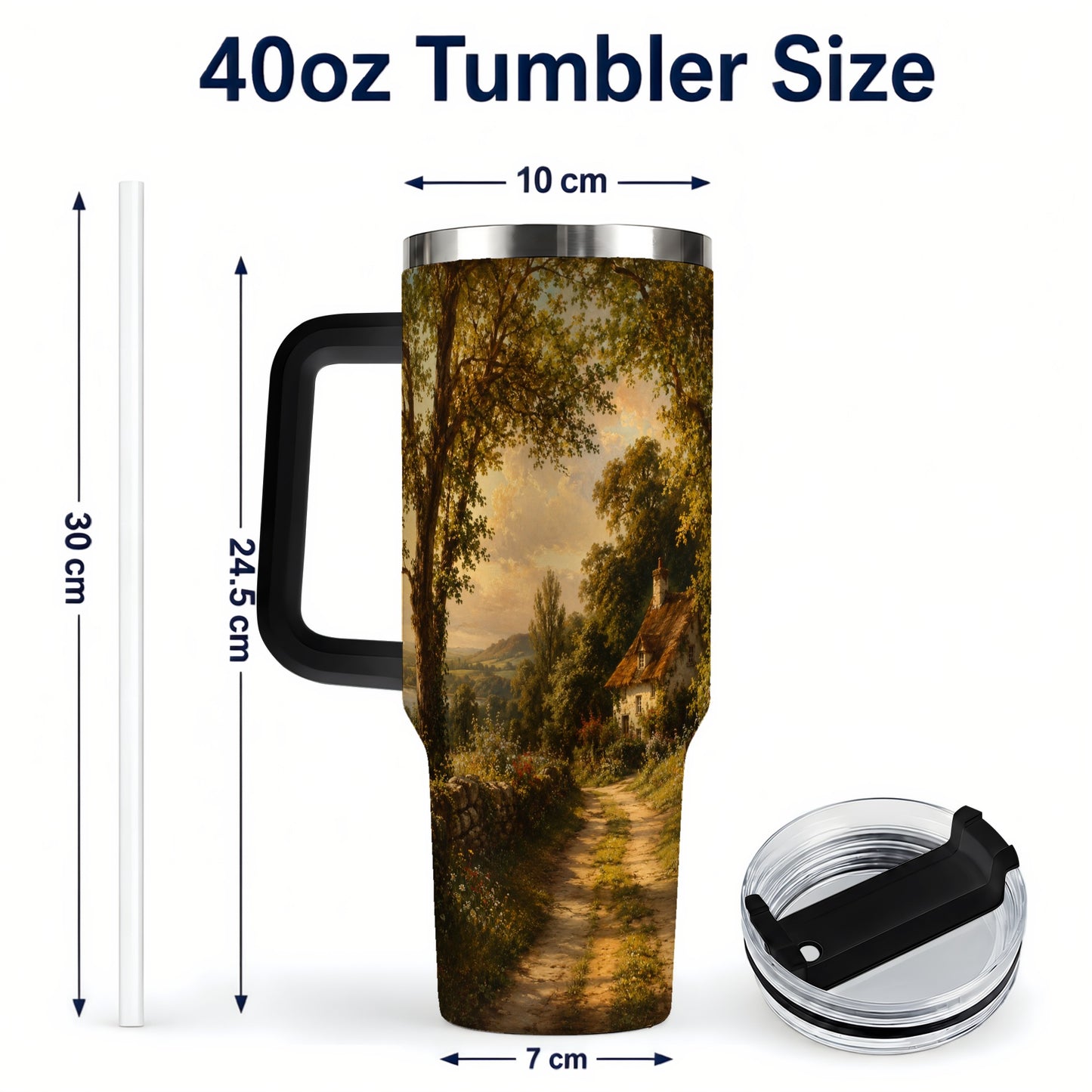 #pl[40oz|Black] Cottage Countryside 40oz Tumbler with Handle, Golden Rural Scene