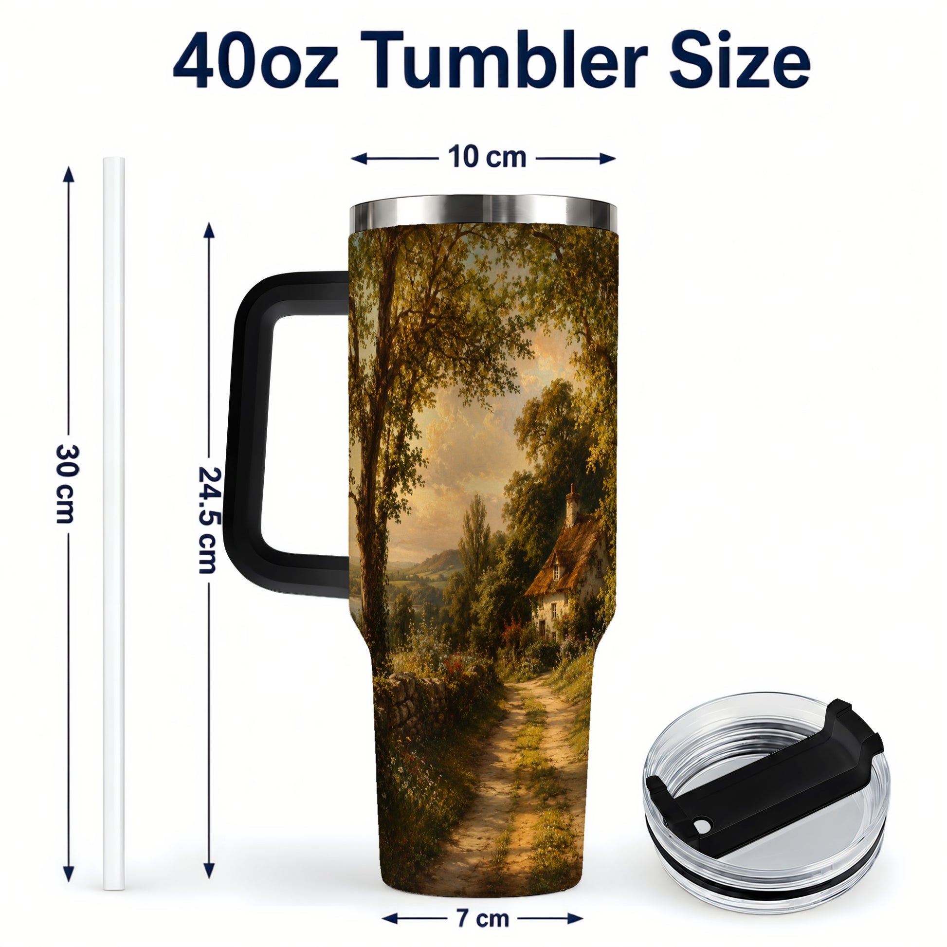 #pl[40oz|Black] Cottage Countryside 40oz Tumbler with Handle, Golden Rural Scene
