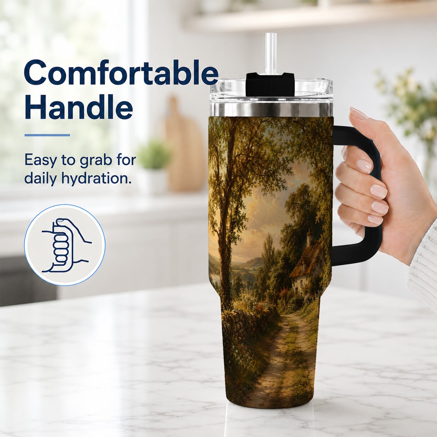 #pl[40oz|Black] Cottage Countryside 40oz Tumbler with Handle, Golden Rural Scene
