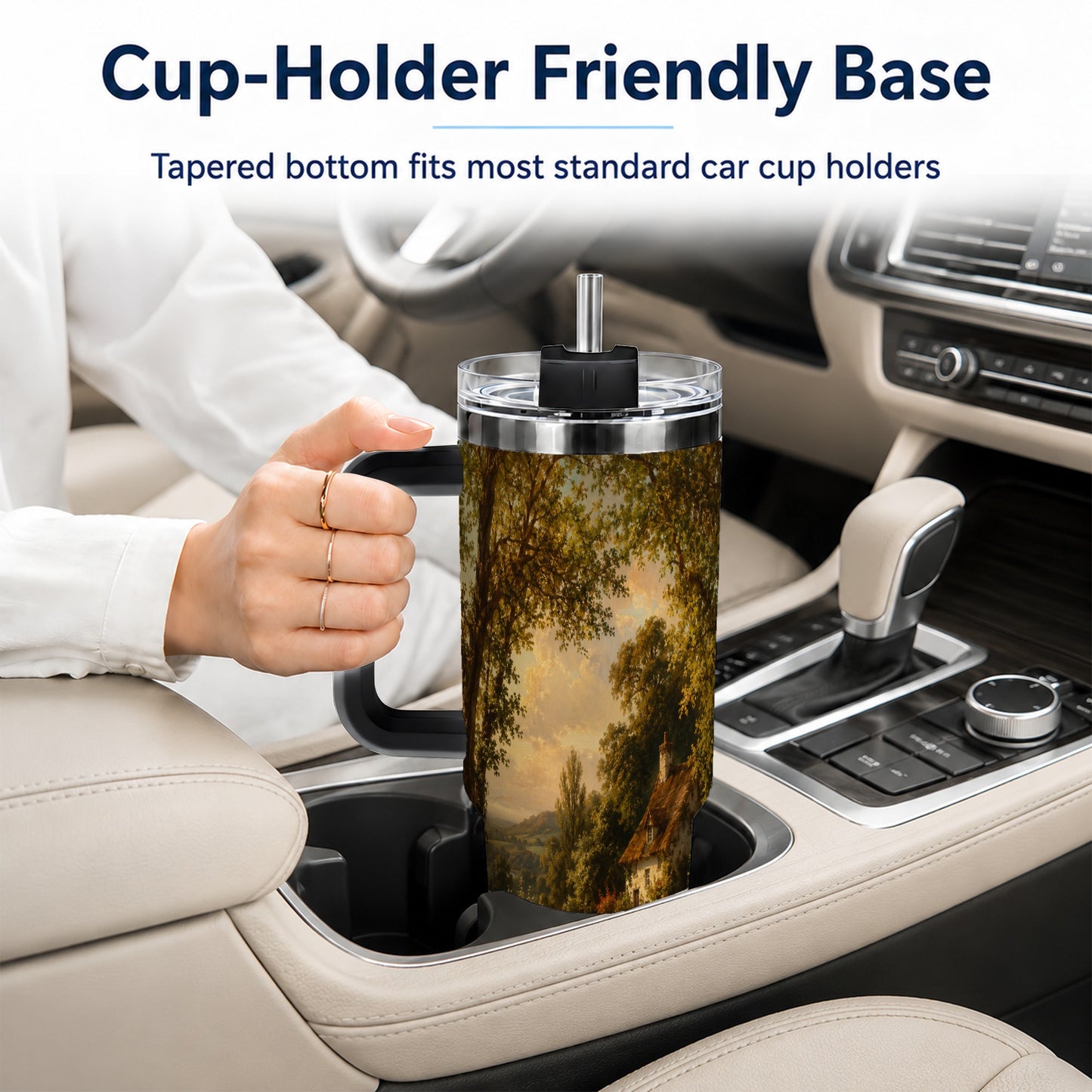 #pl[40oz|Black] Cottage Countryside 40oz Tumbler with Handle, Golden Rural Scene