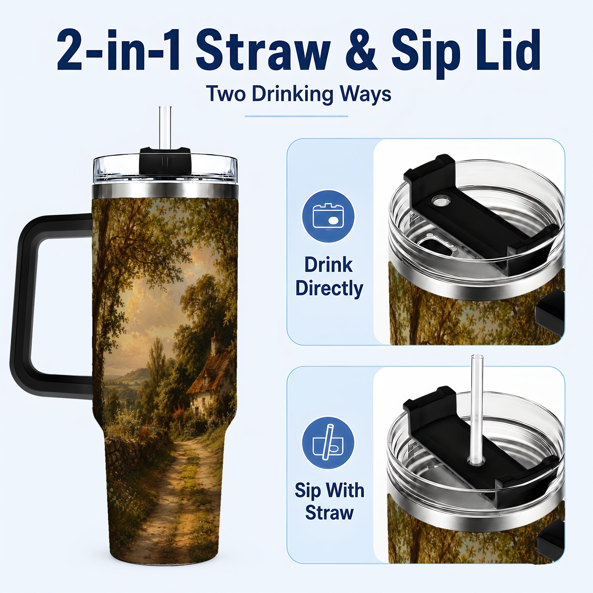 #pl[40oz|Black] Cottage Countryside 40oz Tumbler with Handle, Golden Rural Scene