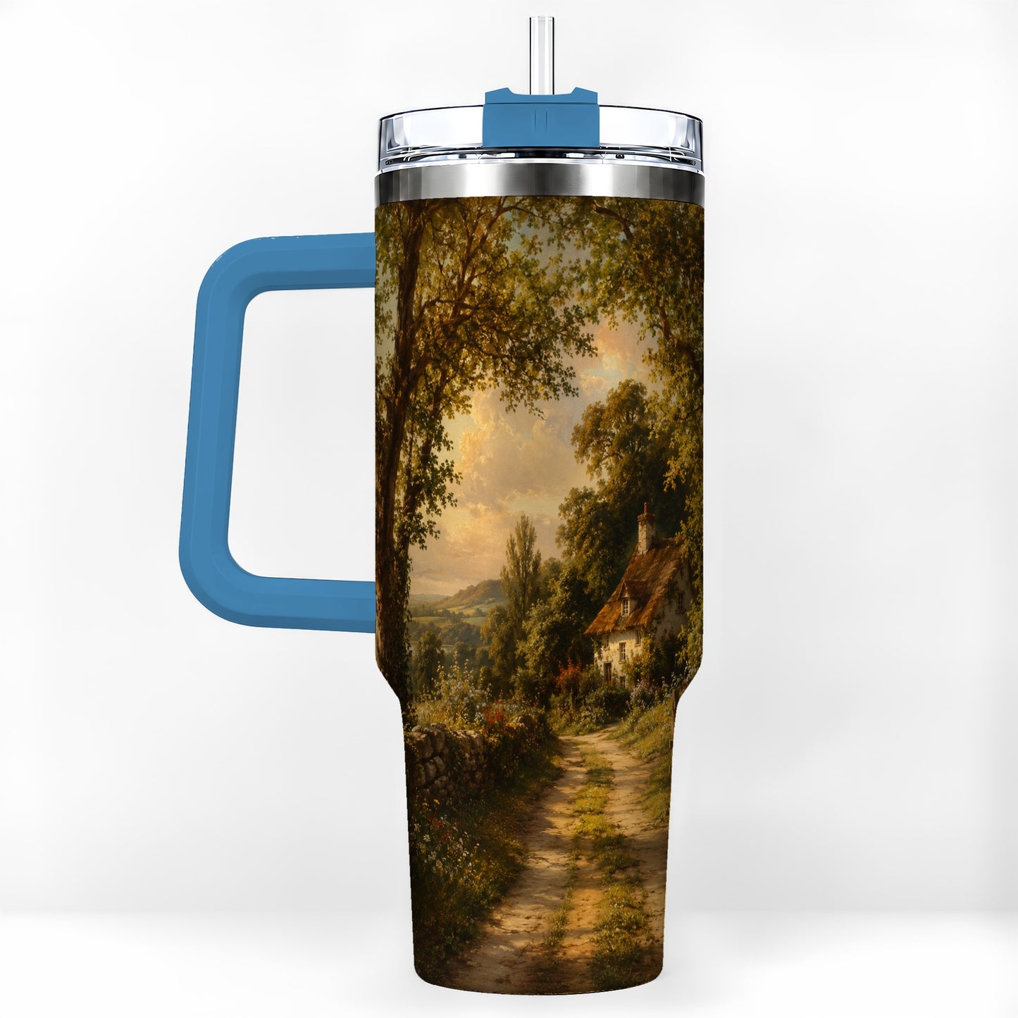 #pl[40oz|Blue] Cottage Countryside 40oz Tumbler with Handle, Golden Rural Scene