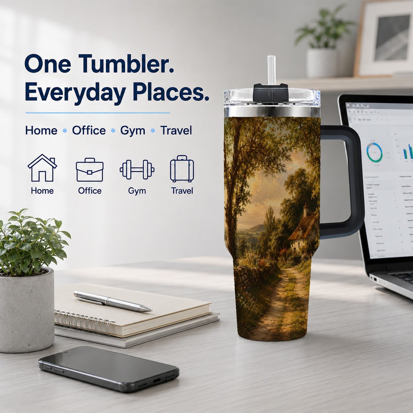#pl[40oz|Black] Cottage Countryside 40oz Tumbler with Handle, Golden Rural Scene