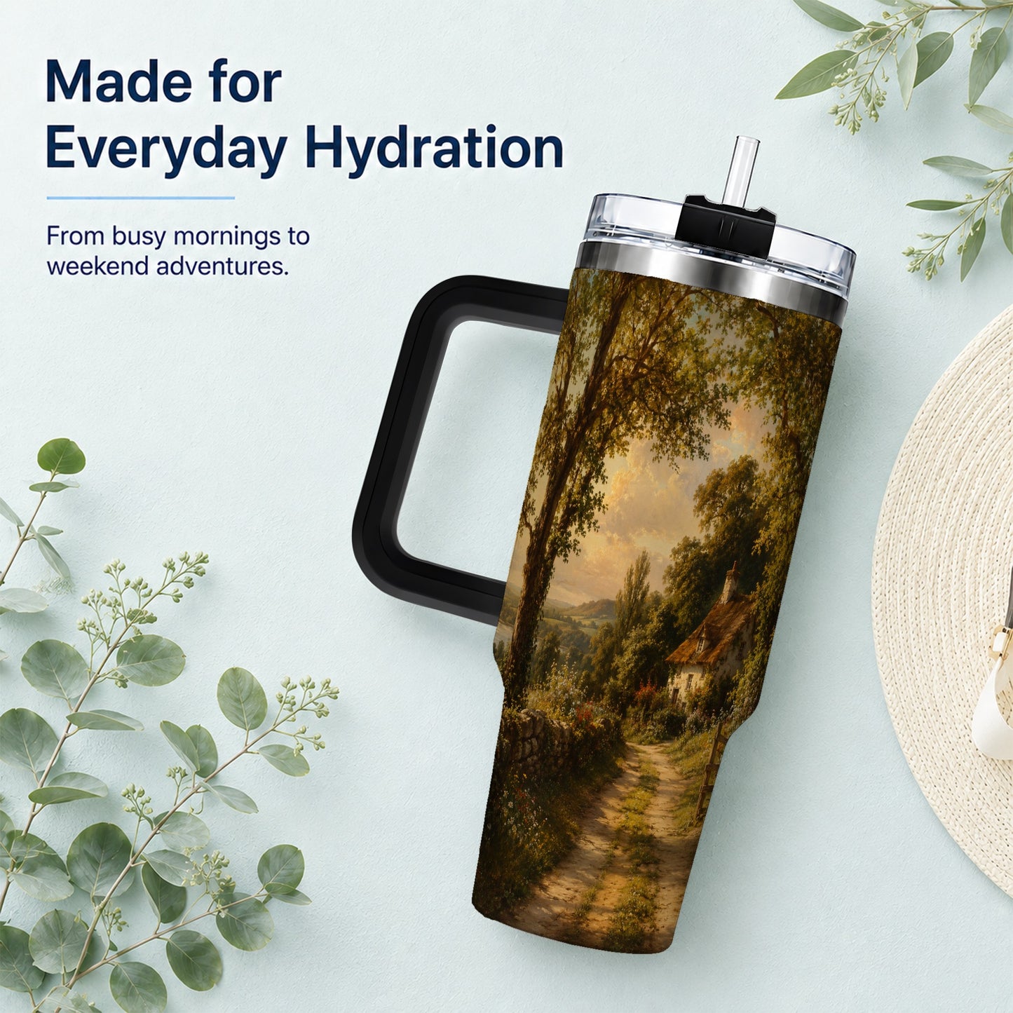 #pl[40oz|Black] Cottage Countryside 40oz Tumbler with Handle, Golden Rural Scene